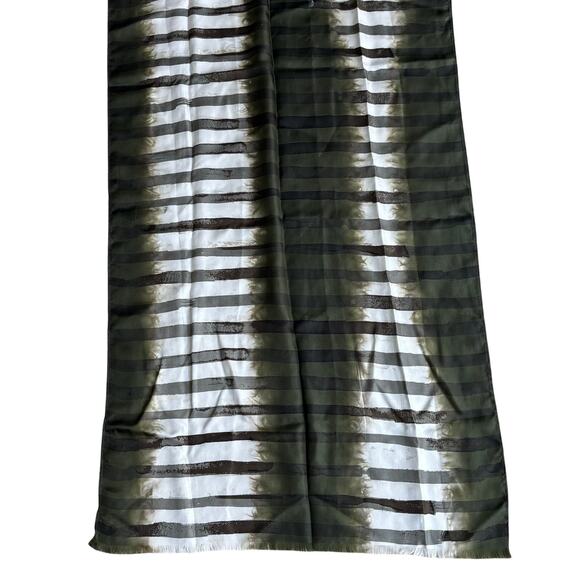 Chico’s silk scarf wrap shawl khaki green & white mod abstract stripes fringe - Picture 2 of 13